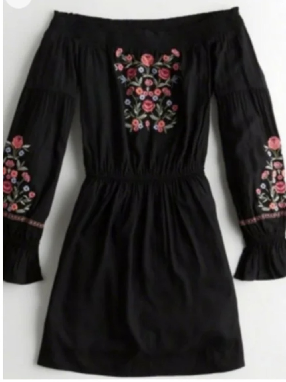 HOLLISTER Black Floral Embroidered Off-the-Shoulder Mini Dress Boho Size Small - Picture 2 of 10
